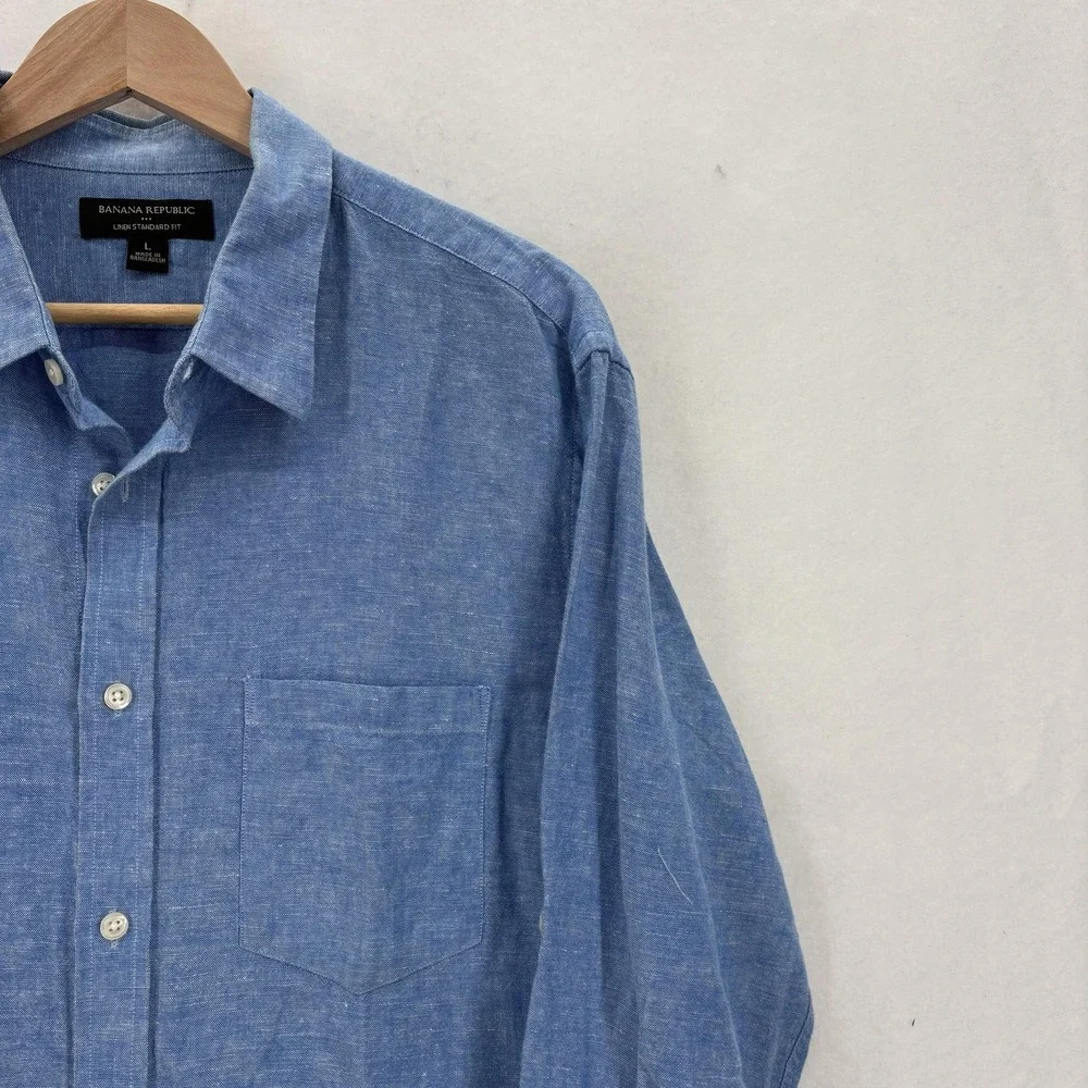 Banana Republic Shirt Mens Large Blue Linen Standard Fit Casual Chambray Preppy